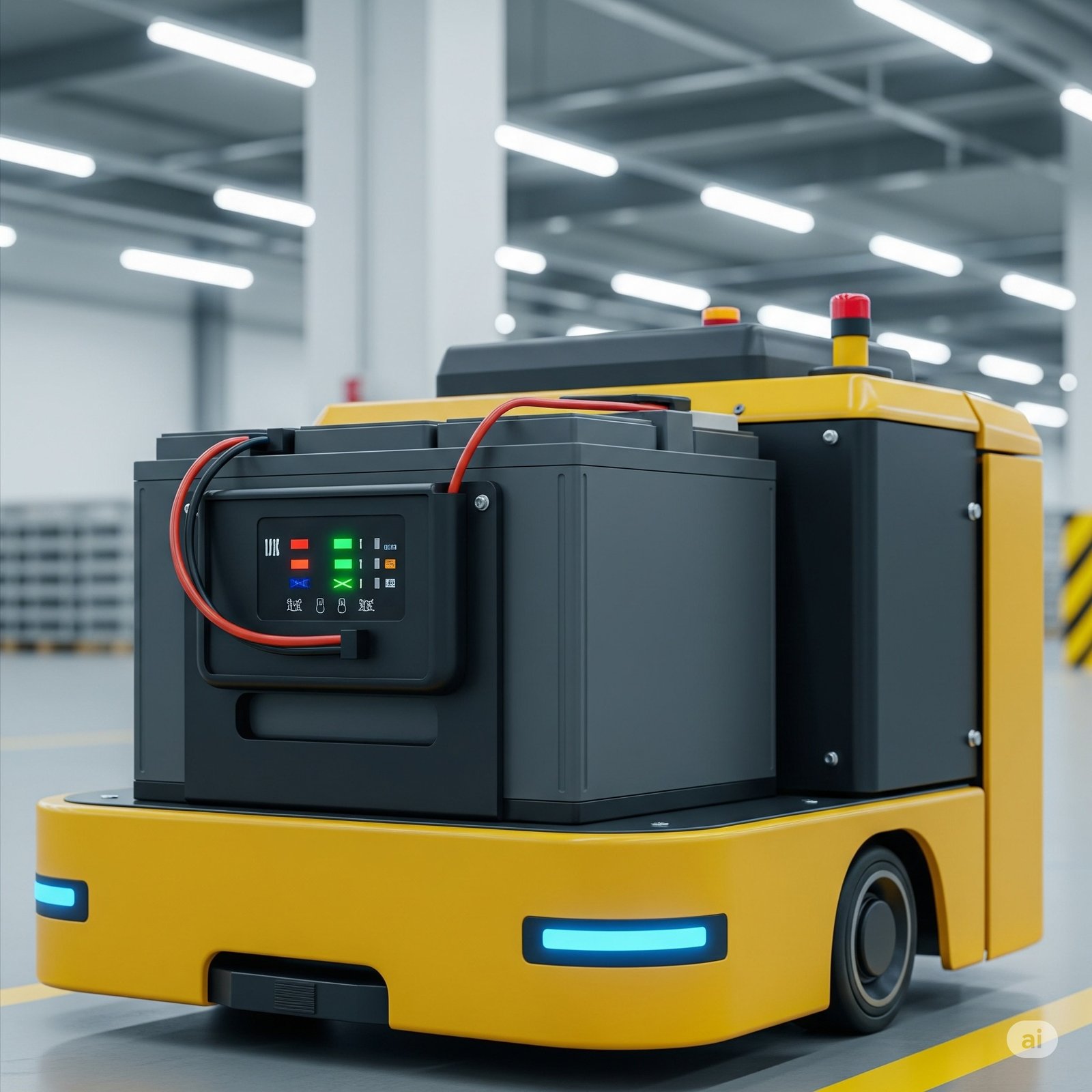 Yellow autonomous guided vehicle (AGV) in warehouse with mounted battery system featuring digital display and smart monitoring