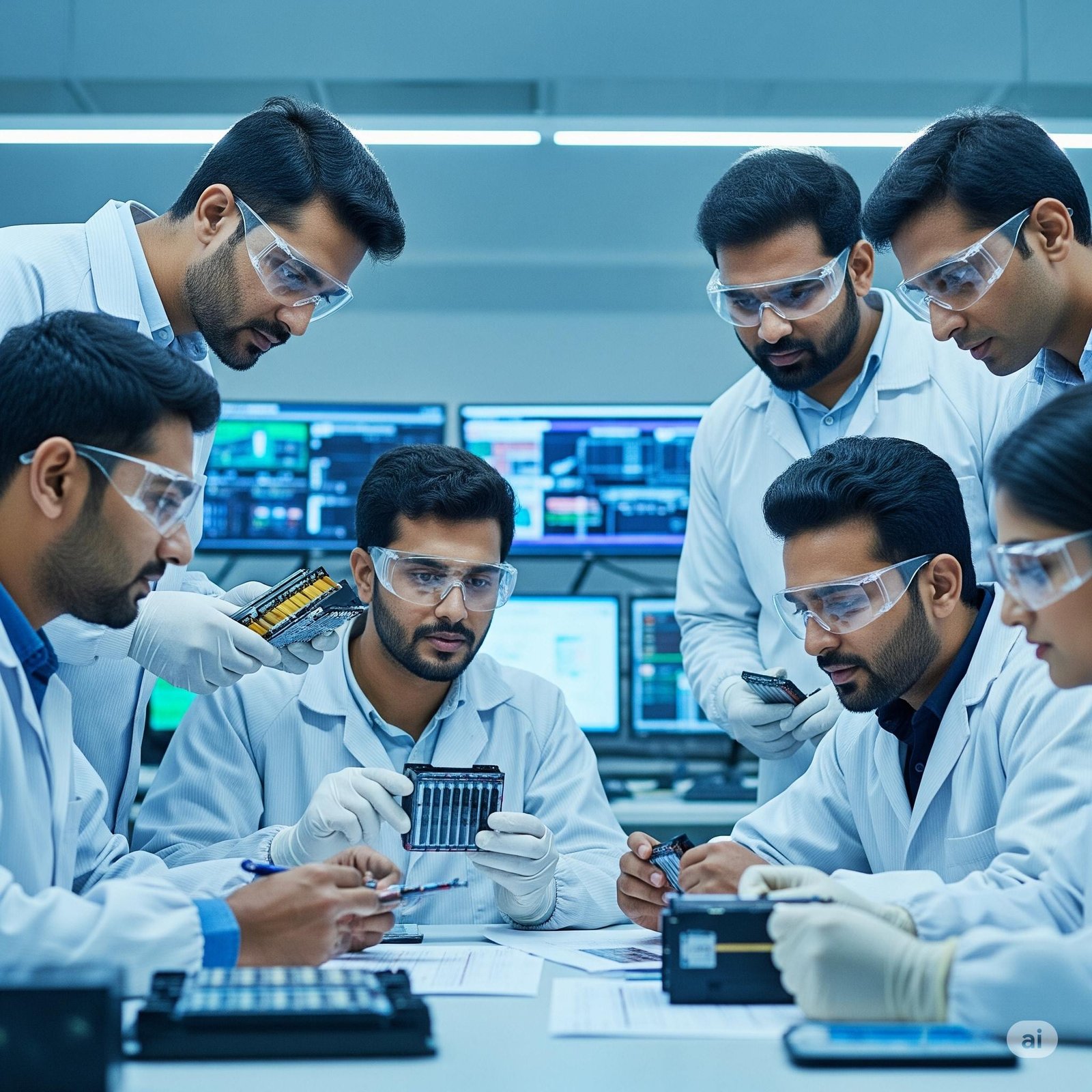 Team of engineers in white lab coats and safety glasses examining battery components in modern laboratory with technical equipment and monitors