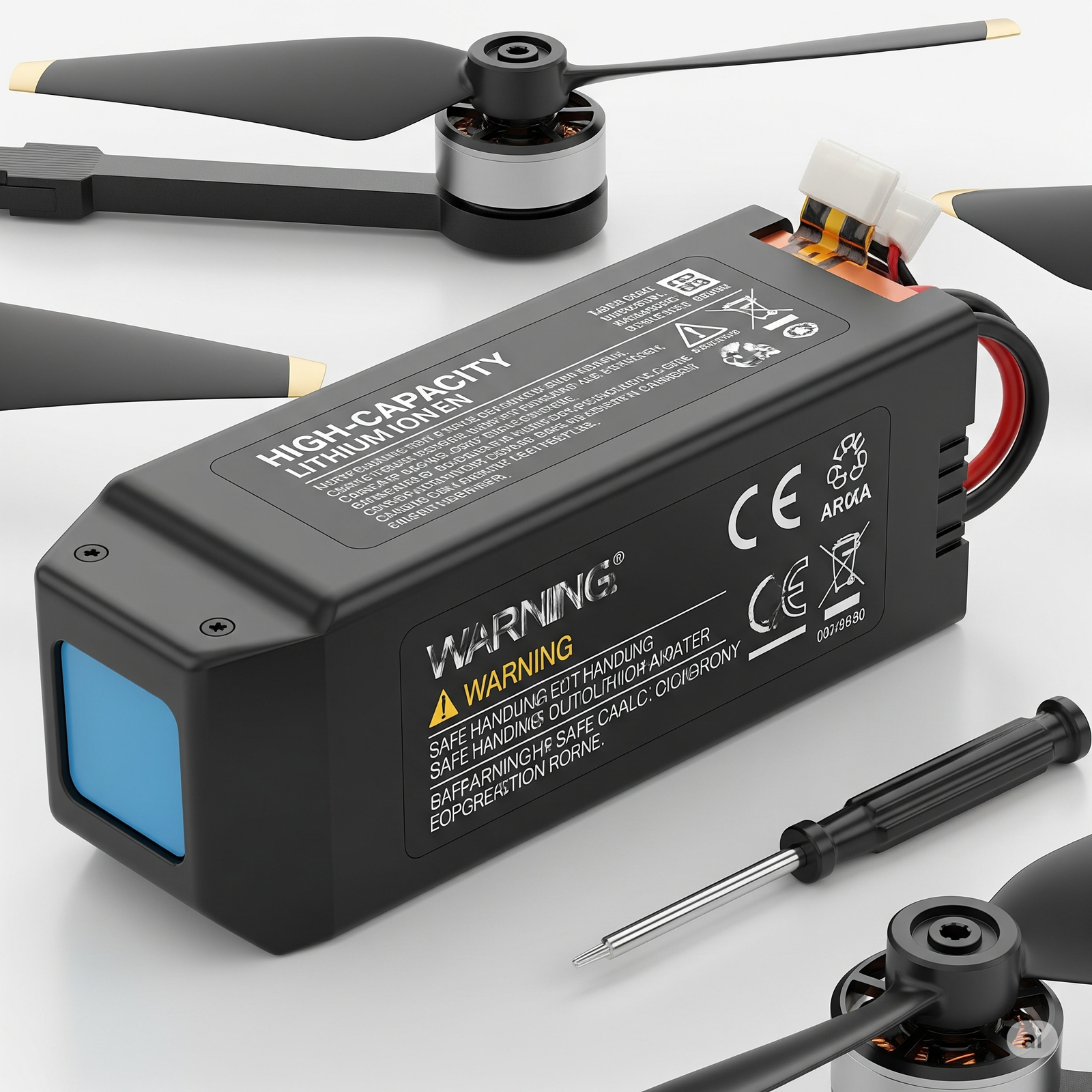 High-capacity drone battery pack with safety warnings and certifications, surrounded by drone propellers and components