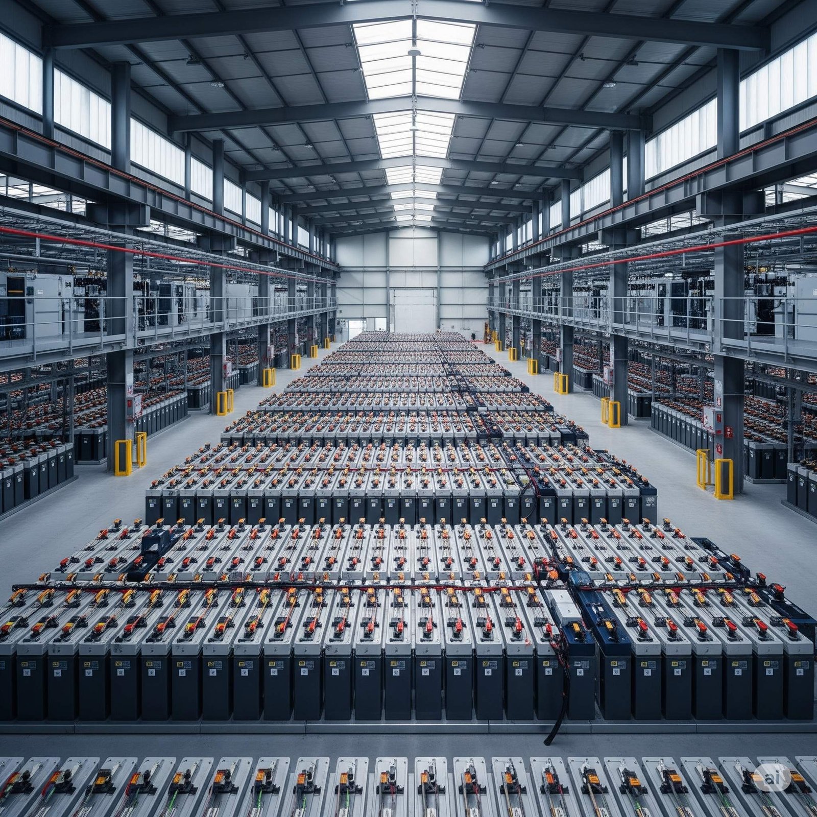 Massive industrial energy storage facility with hundreds of large-scale battery units arranged in rows for grid-scale renewable energy storage