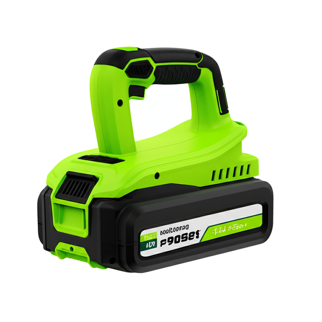 Green and black lithium battery pack designed for garden tools and outdoor power equipment with ergonomic design