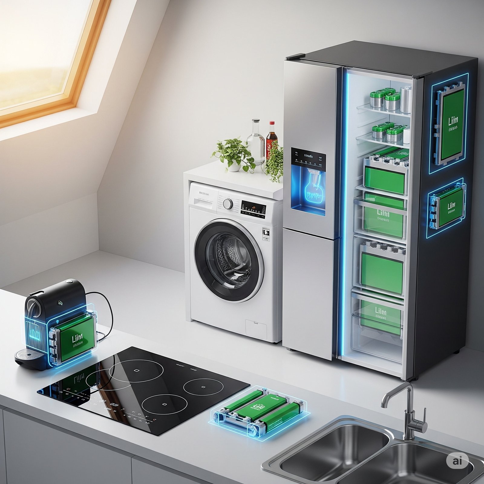 Modern kitchen appliances including washing machine, refrigerator, and induction cooktop with integrated green battery packs