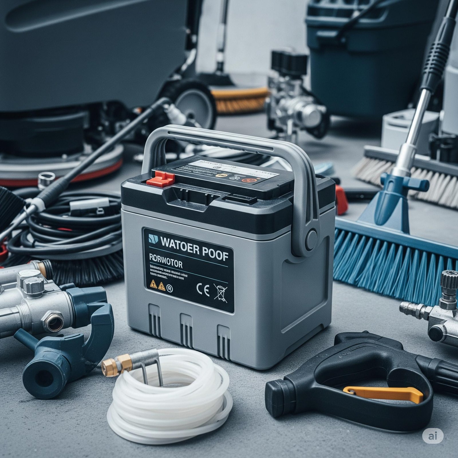 Waterproof industrial cleaning battery pack surrounded by professional cleaning equipment including hoses and brushes