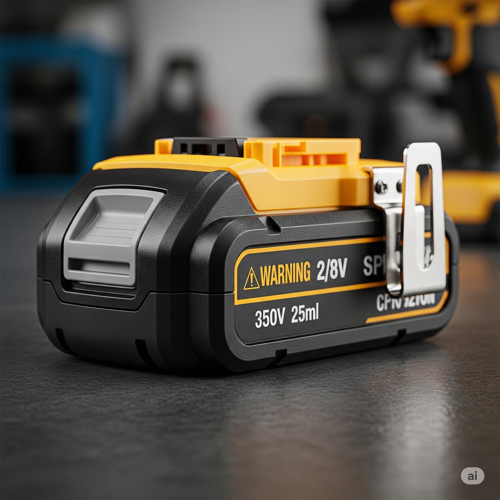 Professional-grade lithium-ion battery pack with black and orange design, featuring high-voltage specifications for power tools in workshop environment