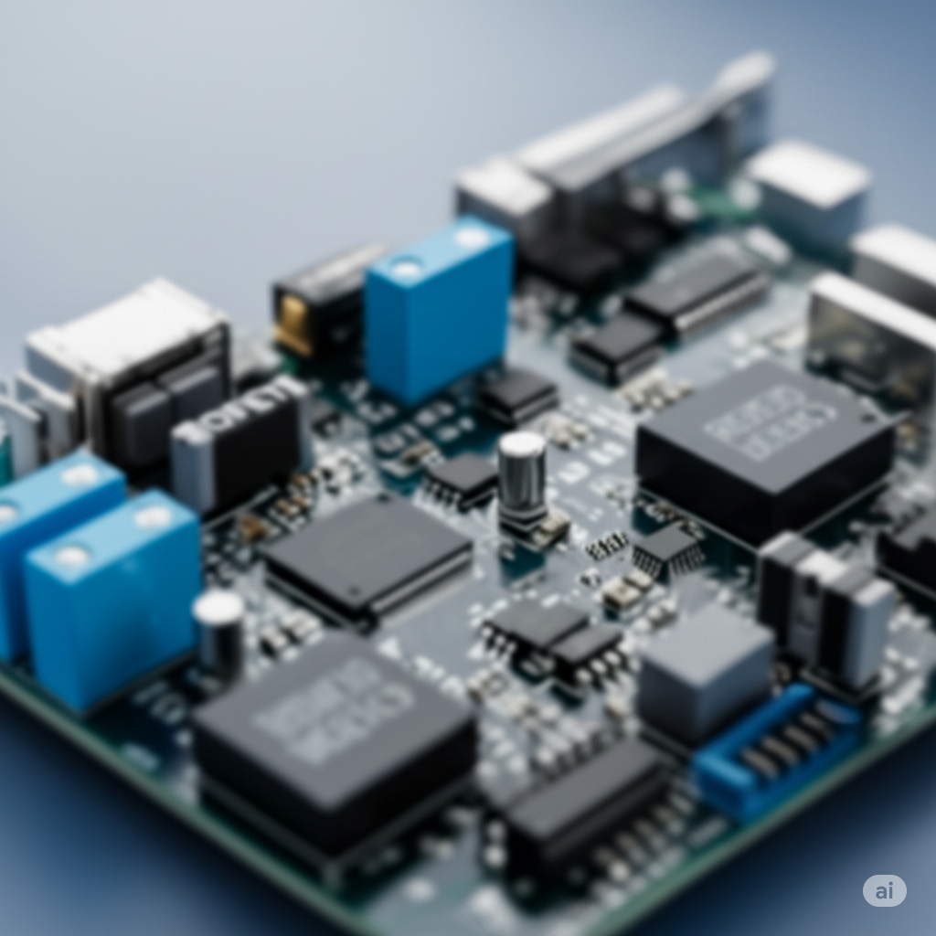 Close-up view of electronic circuit board with safety components including blue capacitors and protection circuits for battery management systems