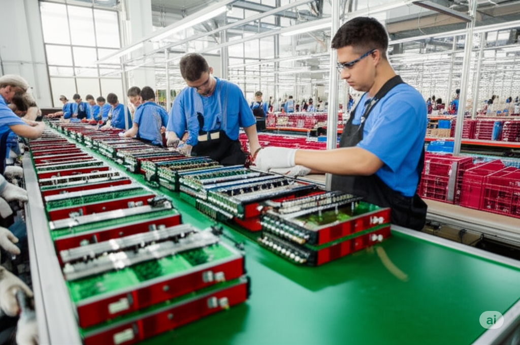 Modern battery manufacturing facility with workers in blue uniforms assembling battery packs on green conveyor belt production line